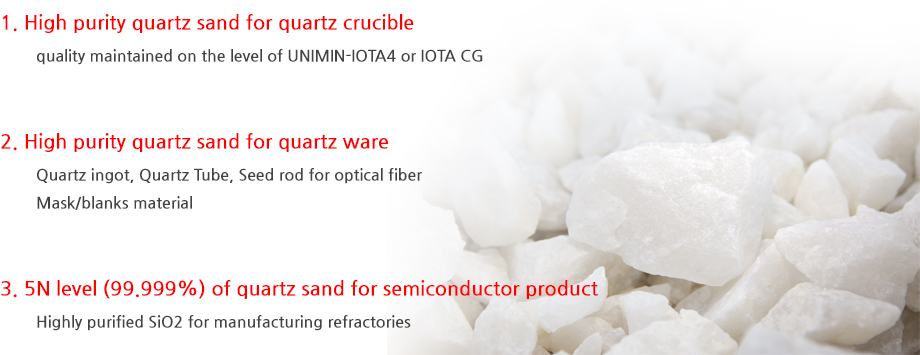 1.Highly purified quartz for solar quartz melting pot(quality maintained on the level of UNIMIN-IOTA4 or IOTA CG) 2.Highly purified quartz for ingot(Seed rod for Optical fiber/Mask/blanks material) 3. Highly purified quartz for manufacturing refractories(Highly purified SiO2 for manufacturing refractories) 